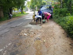 Masyarakat Lalangon Bergotong Royong Perbaiki Jalan Aspal DPU yang Rusak